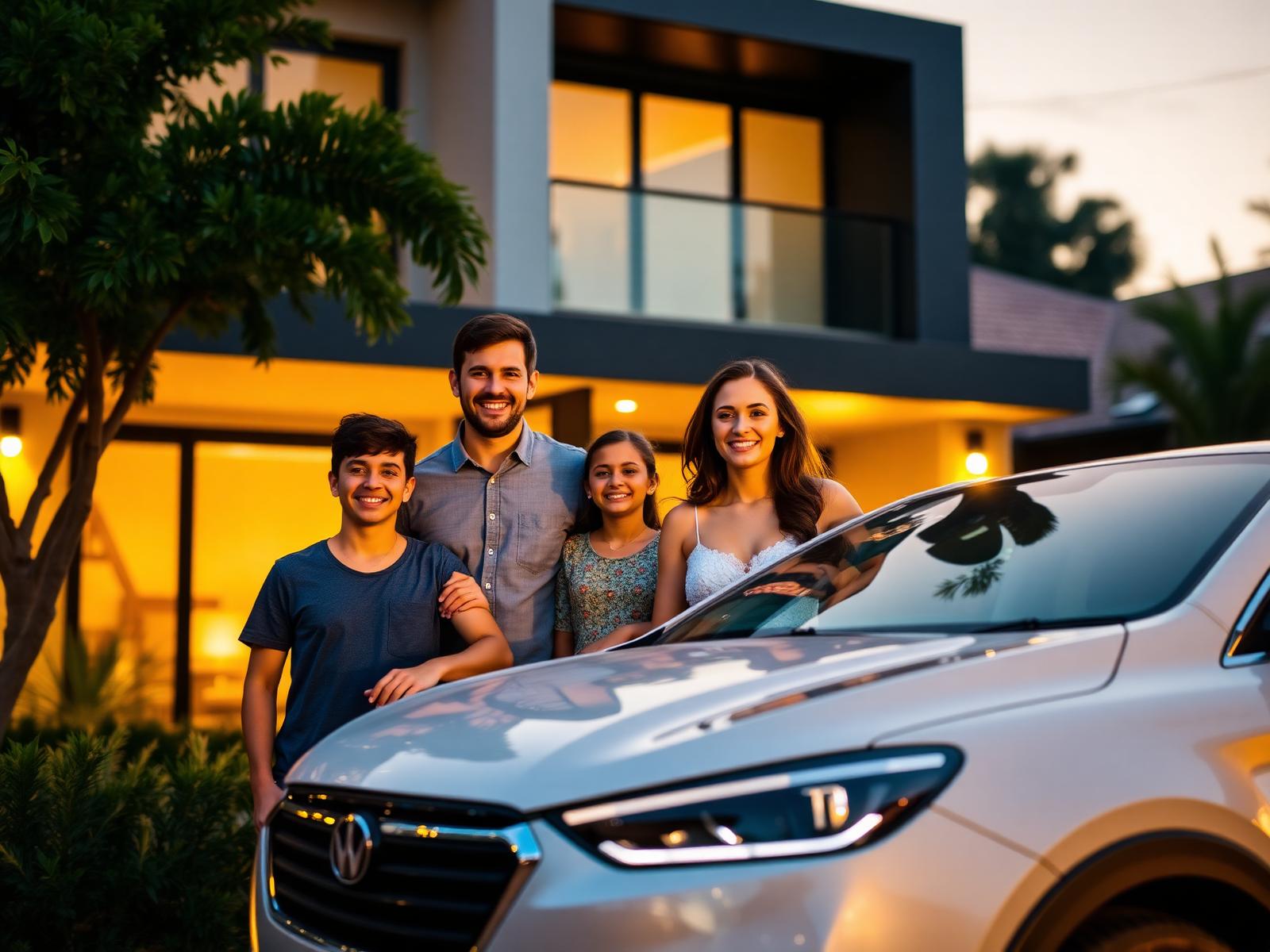 Família ao lado do carro novo, na frente da casa nova
